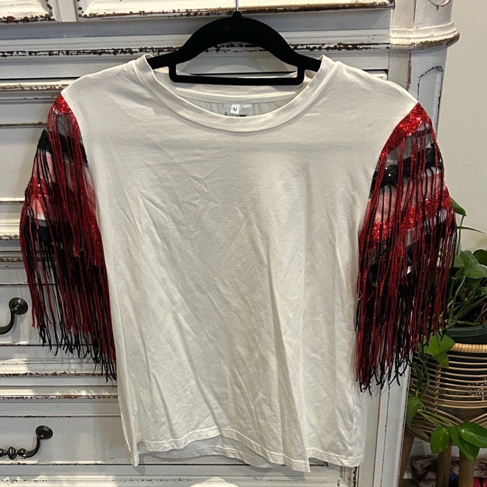 Queen of Sparkles Red and Black Fringe Detail Top medium go Dawgs!